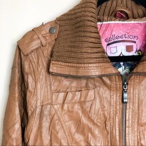 Faux tan leather bomber crop zip up jacket